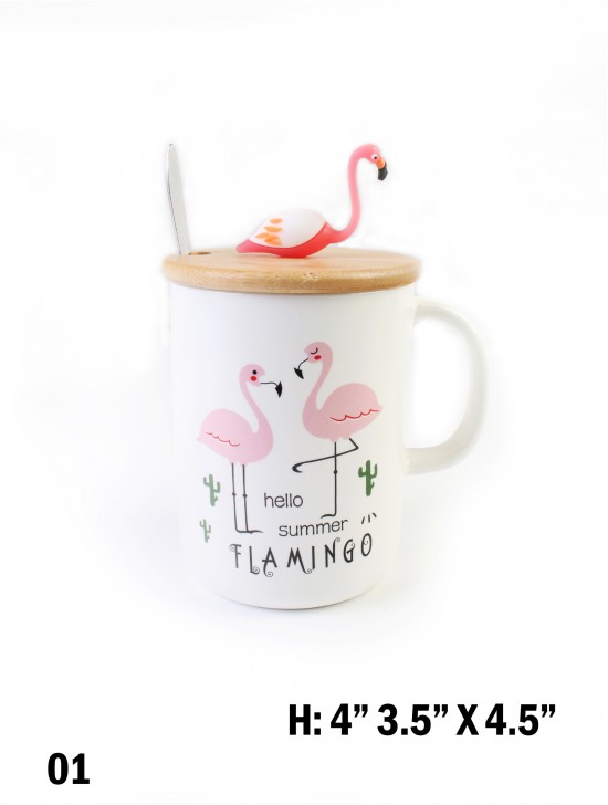 Flamingo Print Mug W/ Spoon and Flamingo Lid